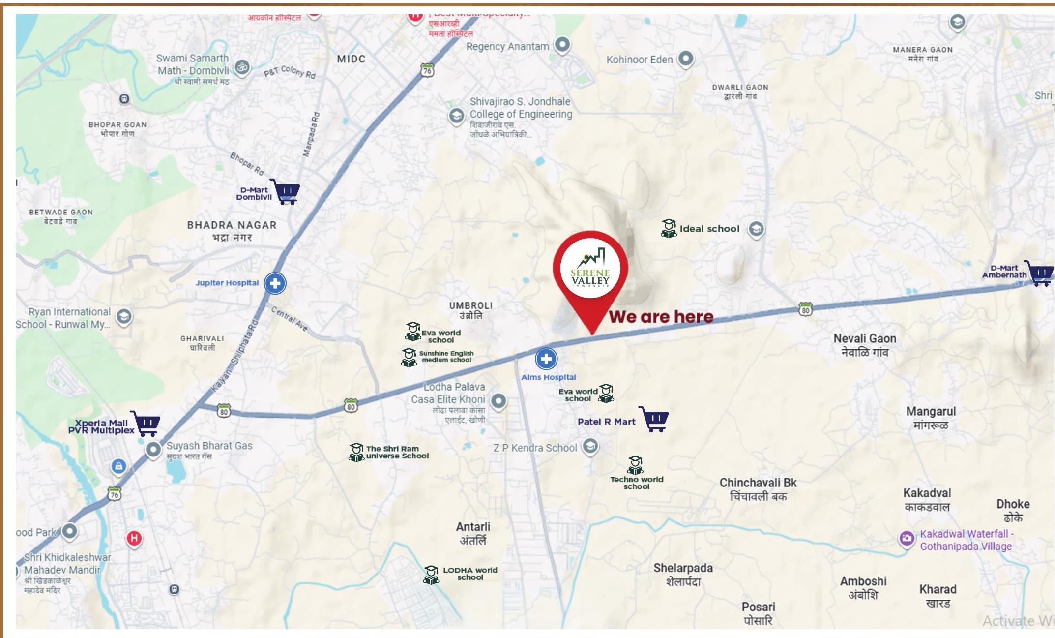 Serene Valley Location and Multi-Modal Transit Connectivity Map on State Highway 43 Khoni Dombivli