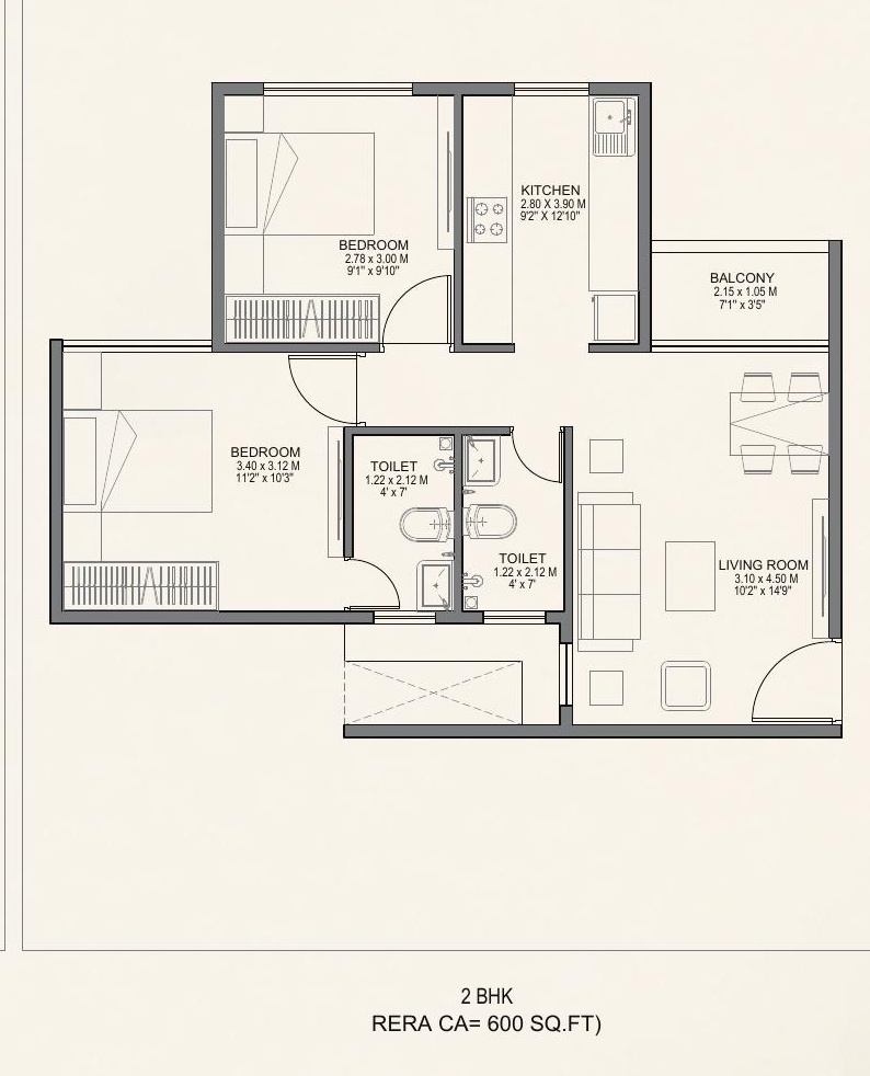 2 BHK Luxury Residence Floor Plan 600 sq.ft RERA Carpet Area with Balcony - Serene Valley Dombivli